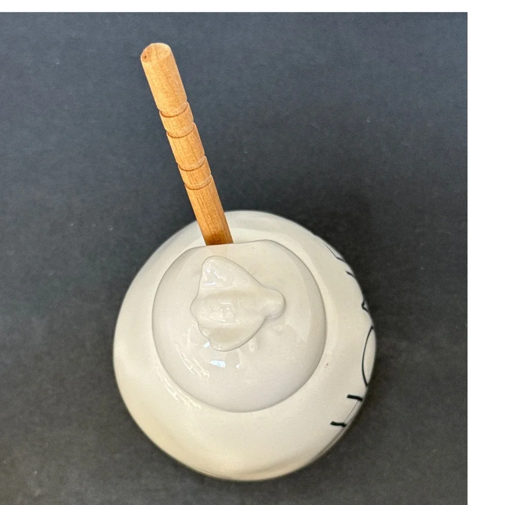 Rae Dunn Honey Pot Ceramic Jar with Lid and Wooden Dipper Bee Finial White
